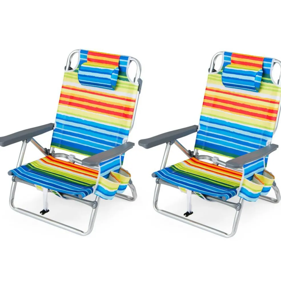 Beach Chairs Set of 2, Portable Folding Backpack Recliners with 5 Position Adjustable Backrest, Padded Headrest, Cup Holder and Cooler Bag