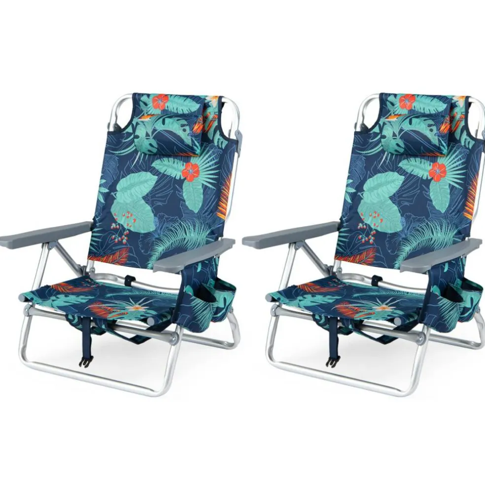 Beach Chairs Set of 2, Portable Folding Backpack Recliners with 5 Position Adjustable Backrest, Padded Headrest, Cup Holder and Cooler Bag