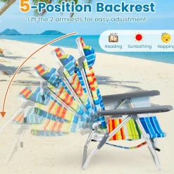 Beach Chairs Set of 2, Portable Folding Backpack Recliners with 5 Position Adjustable Backrest, Padded Headrest, Cup Holder and Cooler Bag