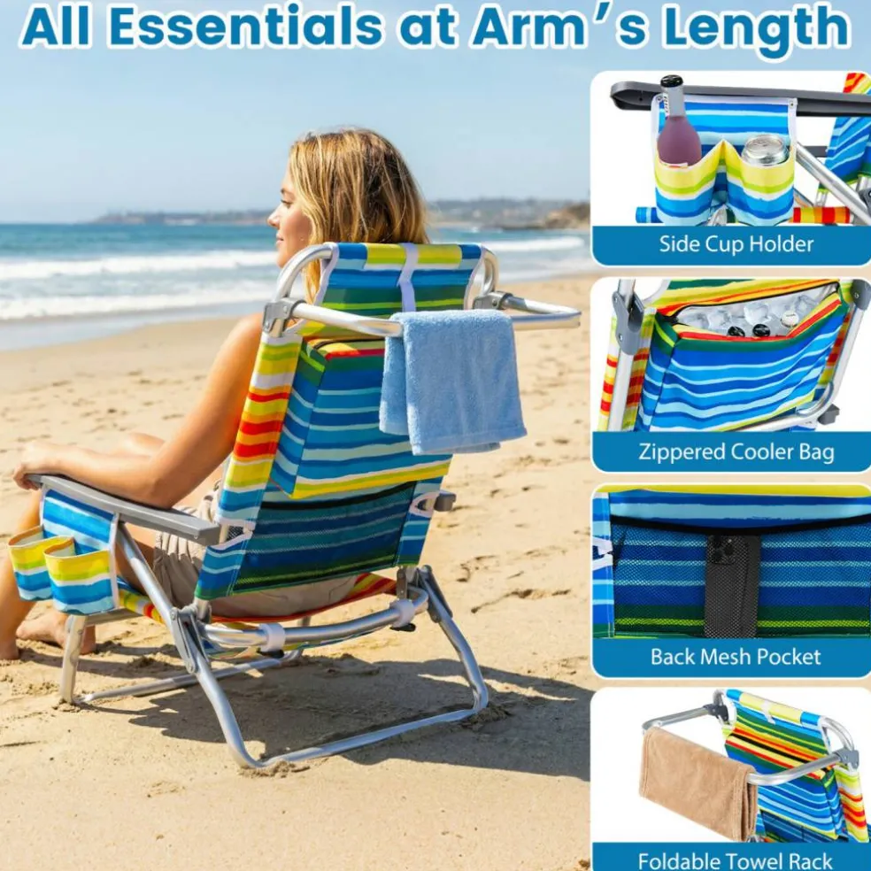 Beach Chairs Set of 2, Portable Folding Backpack Recliners with 5 Position Adjustable Backrest, Padded Headrest, Cup Holder and Cooler Bag