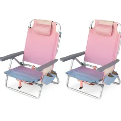Beach Chairs Set of 2, Portable Folding Backpack Recliners with 5 Position Adjustable Backrest, Padded Headrest, Cup Holder and Cooler Bag