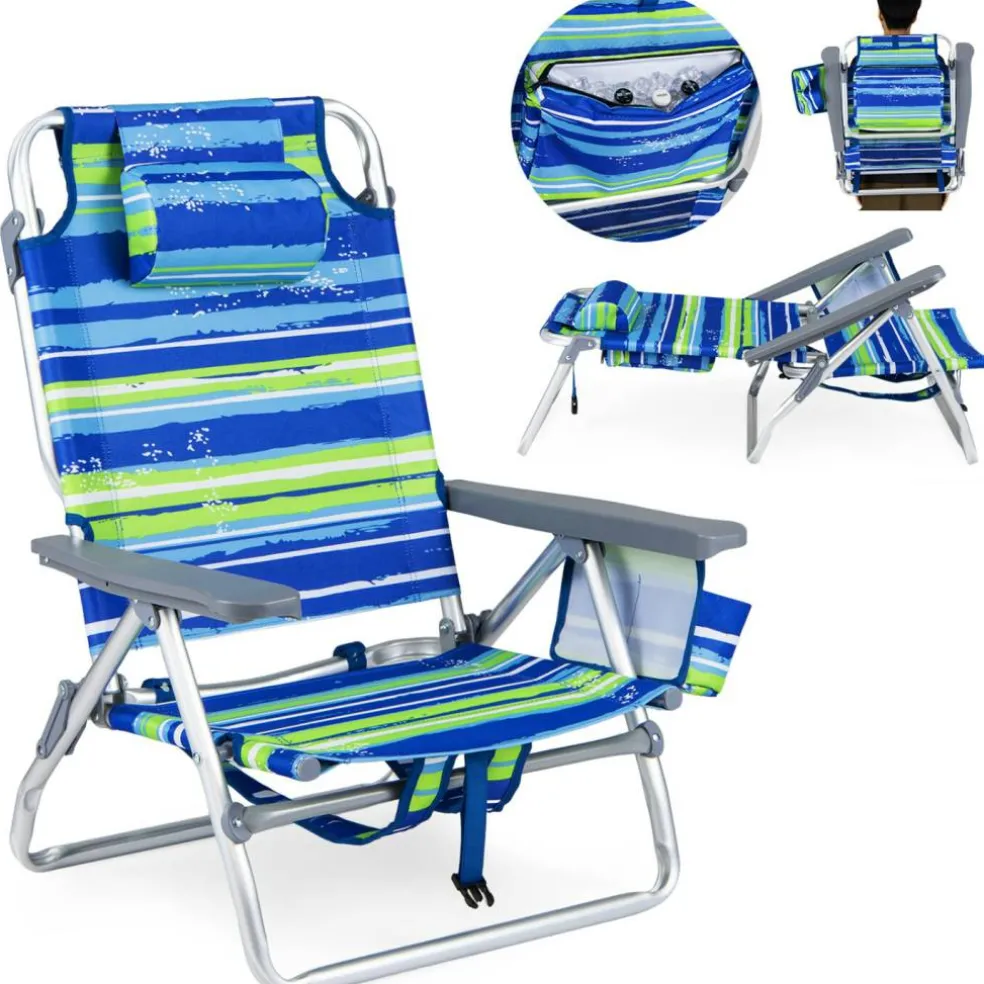 Beach Chairs Set of 2, Portable Folding Backpack Recliners with 5 Position Adjustable Backrest, Padded Headrest, Cup Holder and Cooler Bag