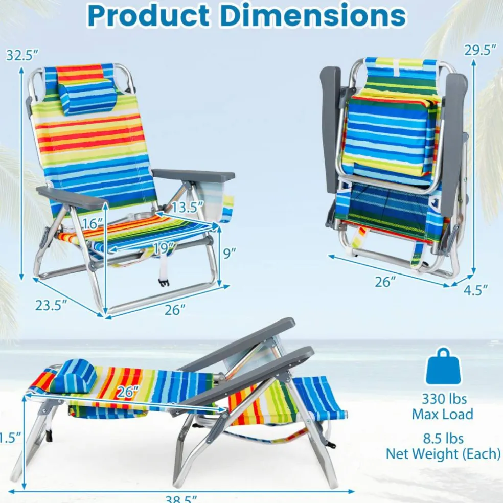 Beach Chairs Set of 2, Portable Folding Backpack Recliners with 5 Position Adjustable Backrest, Padded Headrest, Cup Holder and Cooler Bag