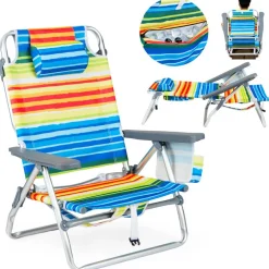 Beach Chairs Set of 2, Portable Folding Backpack Recliners with 5 Position Adjustable Backrest, Padded Headrest, Cup Holder and Cooler Bag