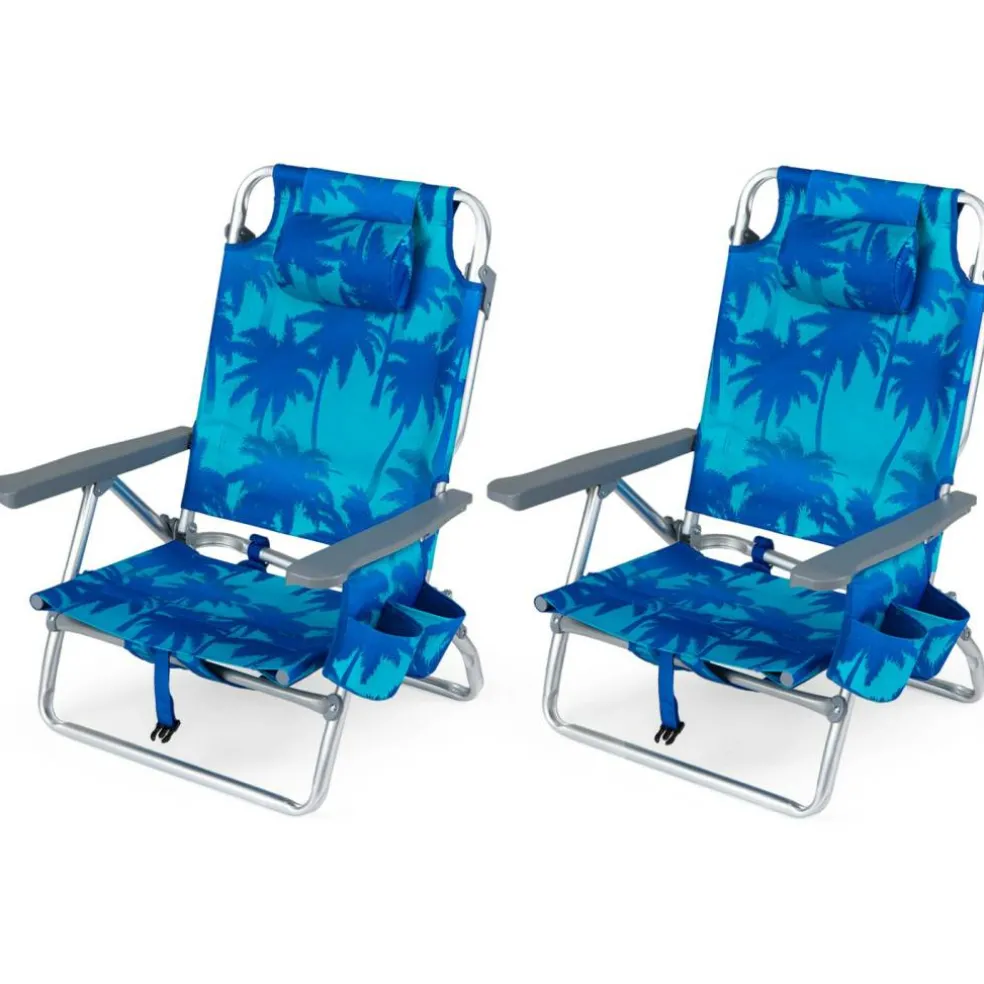 Beach Chairs Set of 2, Portable Folding Backpack Recliners with 5 Position Adjustable Backrest, Padded Headrest, Cup Holder and Cooler Bag