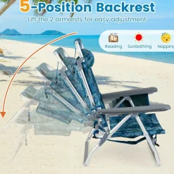 Beach Chairs Set of 2, Portable Folding Backpack Recliners with 5 Position Adjustable Backrest, Padded Headrest, Cup Holder and Cooler Bag