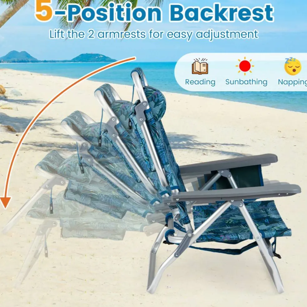 Beach Chairs Set of 2, Portable Folding Backpack Recliners with 5 Position Adjustable Backrest, Padded Headrest, Cup Holder and Cooler Bag