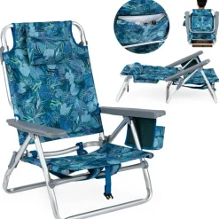 Beach Chairs Set of 2, Portable Folding Backpack Recliners with 5 Position Adjustable Backrest, Padded Headrest, Cup Holder and Cooler Bag