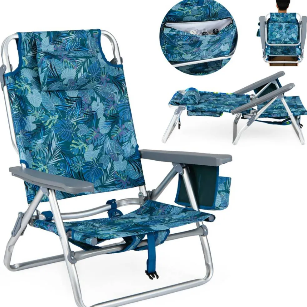 Beach Chairs Set of 2, Portable Folding Backpack Recliners with 5 Position Adjustable Backrest, Padded Headrest, Cup Holder and Cooler Bag