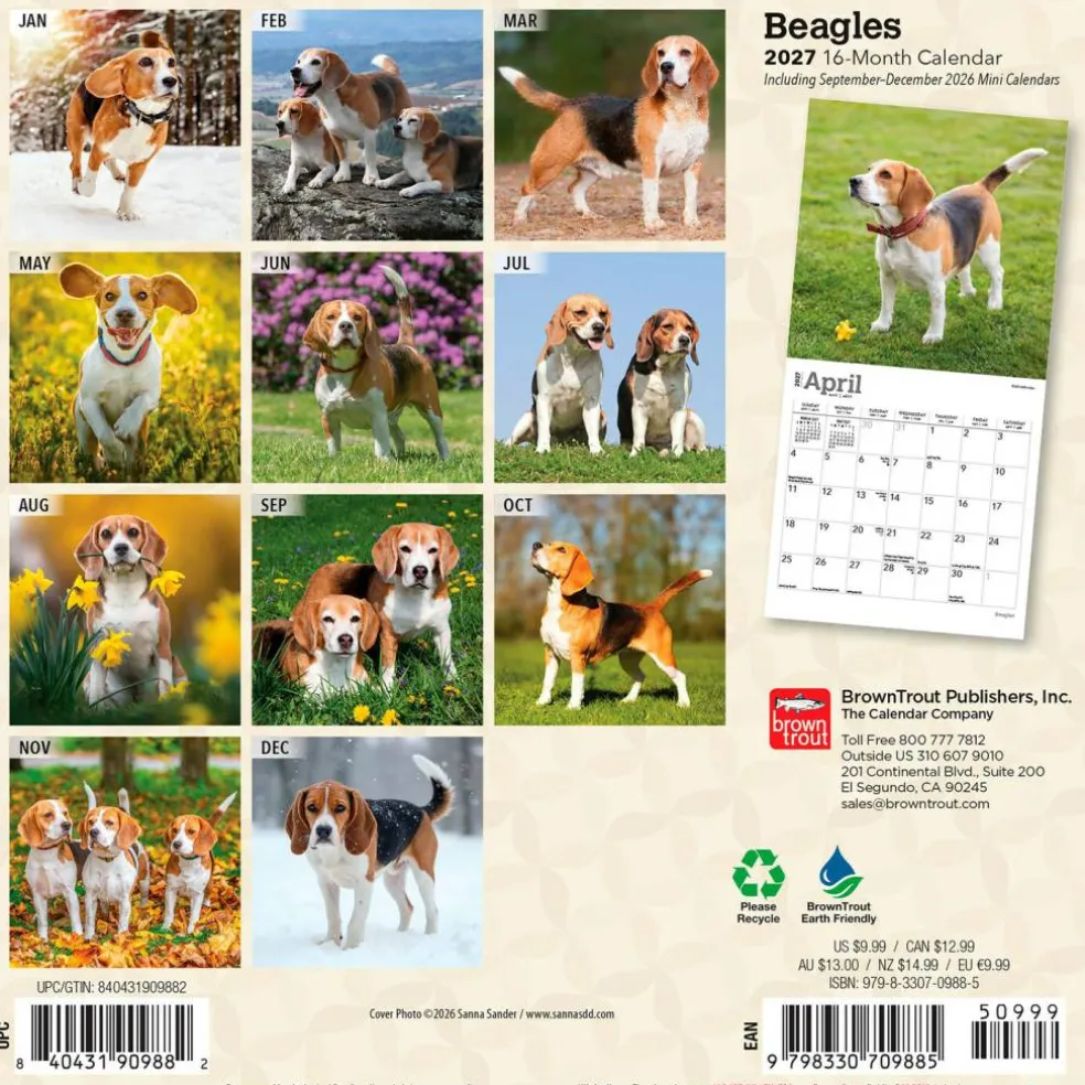 Beagles | 2027 7 x 14 Inch (Hanging) Monthly Mini Wall Calendar