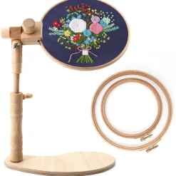 Beech Wood Adjustable Rotated Embroidery Hoop Stand with 2 Pcs 6'' 8'' Embroidery Hoops, Wooden Embroidery Stand, Embroidery Hoop Holder for Cross Stitch and Embroidery Project (A)