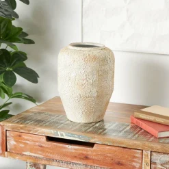 12" Beige Metal Handmade Antique Style Distressed Vase