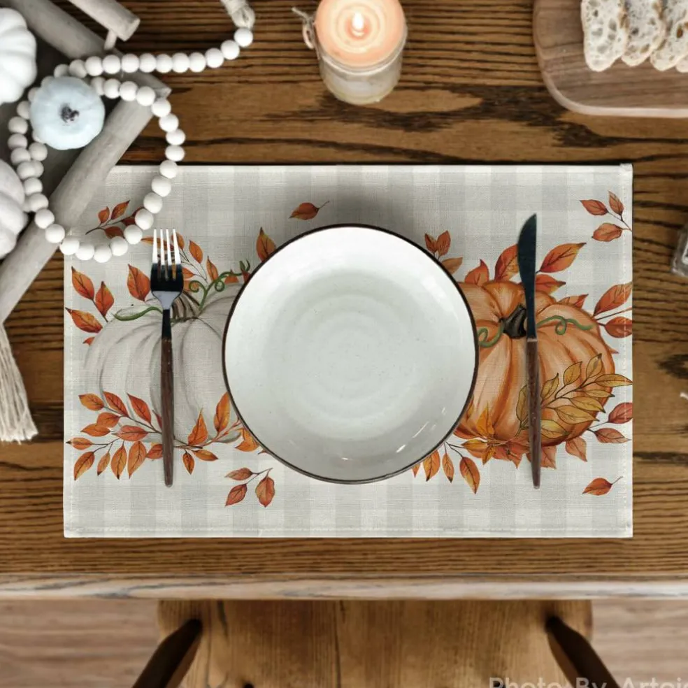 Beige Pumpkins Leaves Fall Placemats Set of 4-12 x 18 Inch