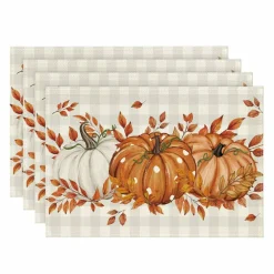 Beige Pumpkins Leaves Fall Placemats Set of 4-12 x 18 Inch