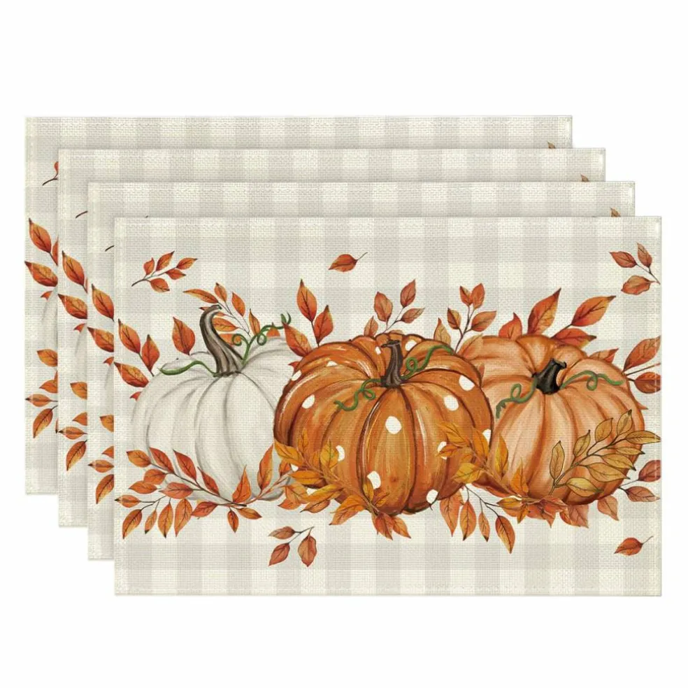 Beige Pumpkins Leaves Fall Placemats Set of 4-12 x 18 Inch