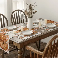 Beige Pumpkins Leaves Fall Placemats Set of 4-12 x 18 Inch