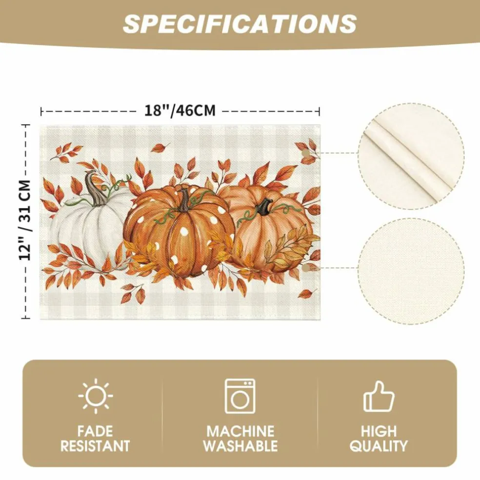 Beige Pumpkins Leaves Fall Placemats Set of 4-12 x 18 Inch