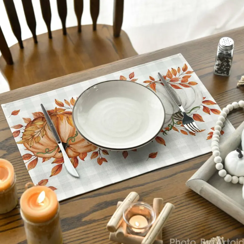 Beige Pumpkins Leaves Fall Placemats Set of 4-12 x 18 Inch