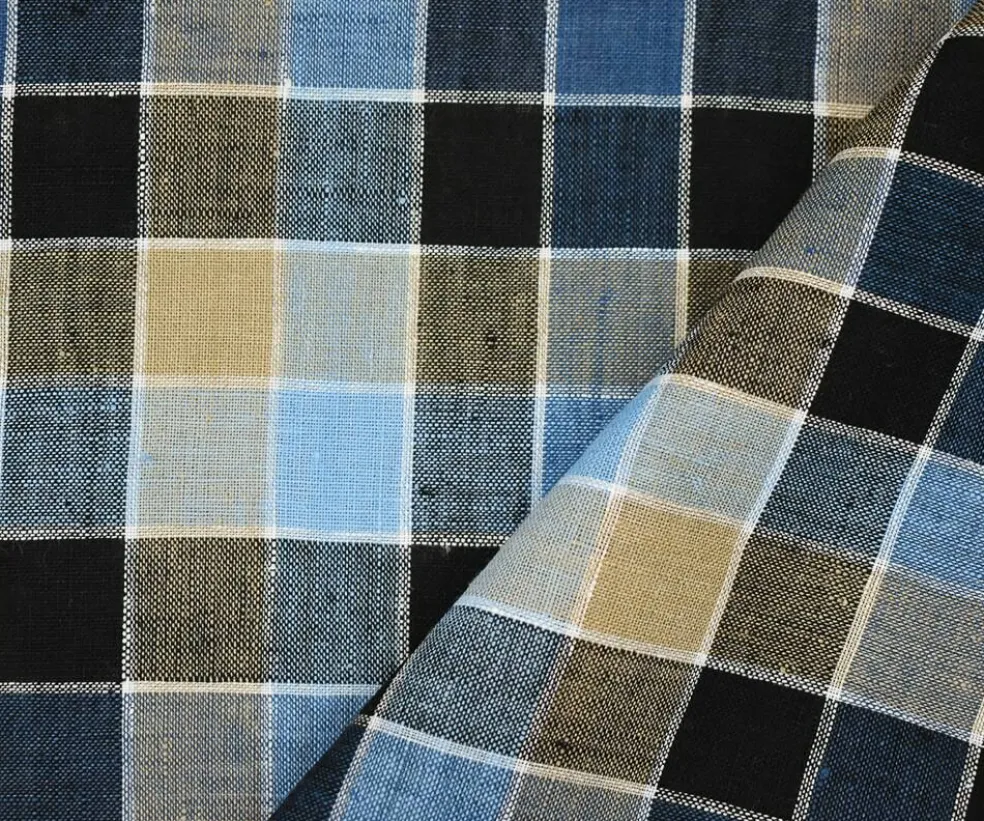 Beige-White-Multi Check Linen Woven Fabric By the Yard