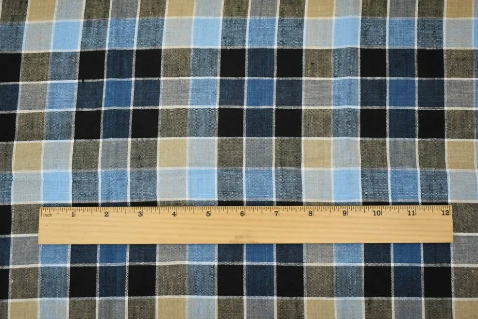 Beige-White-Multi Check Linen Woven Fabric By the Yard