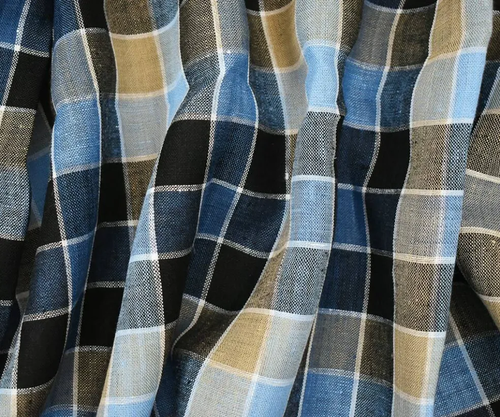 Beige-White-Multi Check Linen Woven Fabric By the Yard
