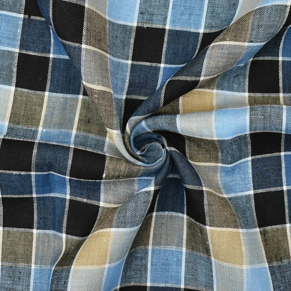 Beige-White-Multi Check Linen Woven Fabric By the Yard