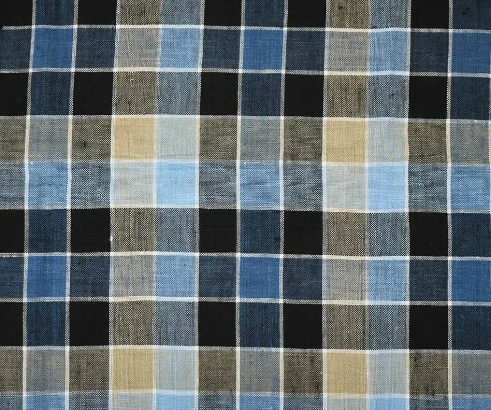 Beige-White-Multi Check Linen Woven Fabric By the Yard