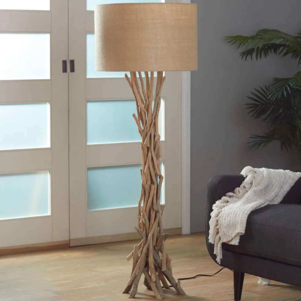 Beige Wood Rustic Floor Lamp, 62" x 22" x 22"