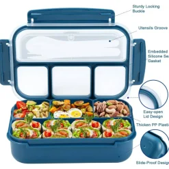 Bento Box Adult Lunch Box, Kids Lunch Containers for School with 4 Compartments, with Utensils, Sauce Jar, Muffin Liners, Microwave Safe, Navy