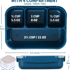 Bento Box Adult Lunch Box, Kids Lunch Containers for School with 4 Compartments, with Utensils, Sauce Jar, Muffin Liners, Microwave Safe, Navy