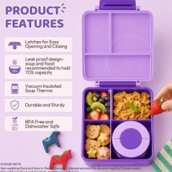 Bento Lunch Box for Kids with 8oz Soup Thermo&Lunch Bag, Leak-Proof Lunch Food Containers with 4 Compartment, Hot Food Insulated Food Jar for Kids School (Purple)