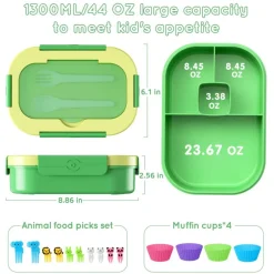 Bento Lunch Box Leakproof 44oz Kids Lunch Box Containers with 4 Compartment, Bento-Style Lunch Bento Box with Cutlery, Reusable Kid Back to School Meal/Snack Packing BPA Free (Green)