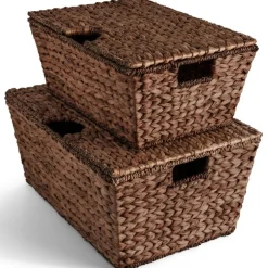Best Choice Products Set of 2 X-Large & Medium Woven Storage Baskets W/Lids, Hyacinth Nesting Organizer Bins - Brown