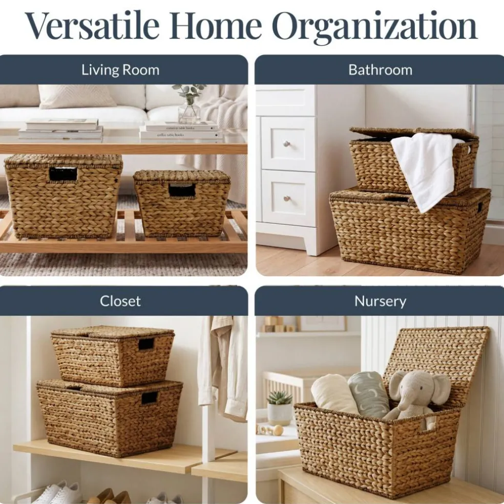 Best Choice Products Set of 2 X-Large & Medium Woven Storage Baskets W/Lids, Hyacinth Nesting Organizer Bins