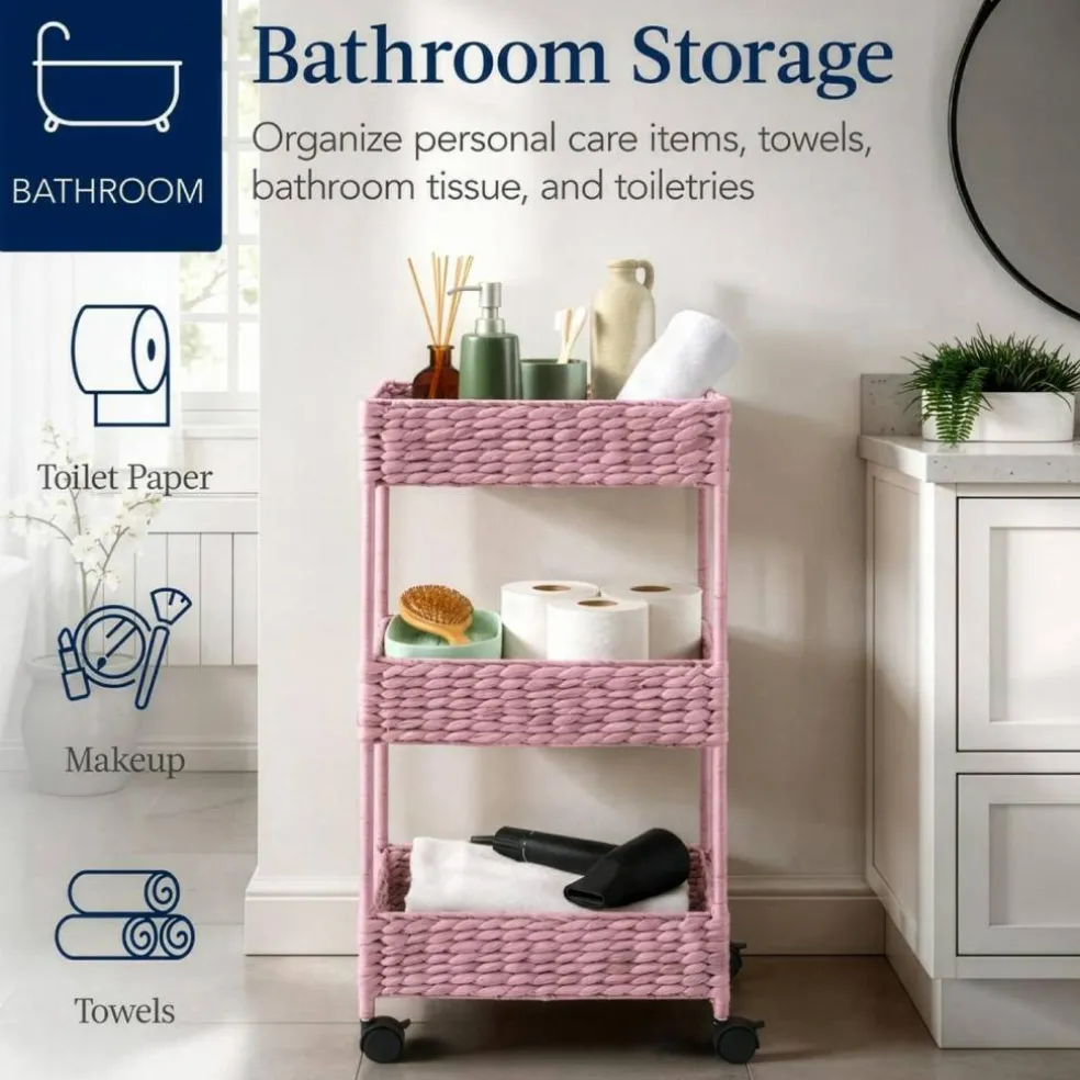 Best Choice Products 3-Tier Water Hyacinth Rolling Utility Cart w/ Weaved Baskets