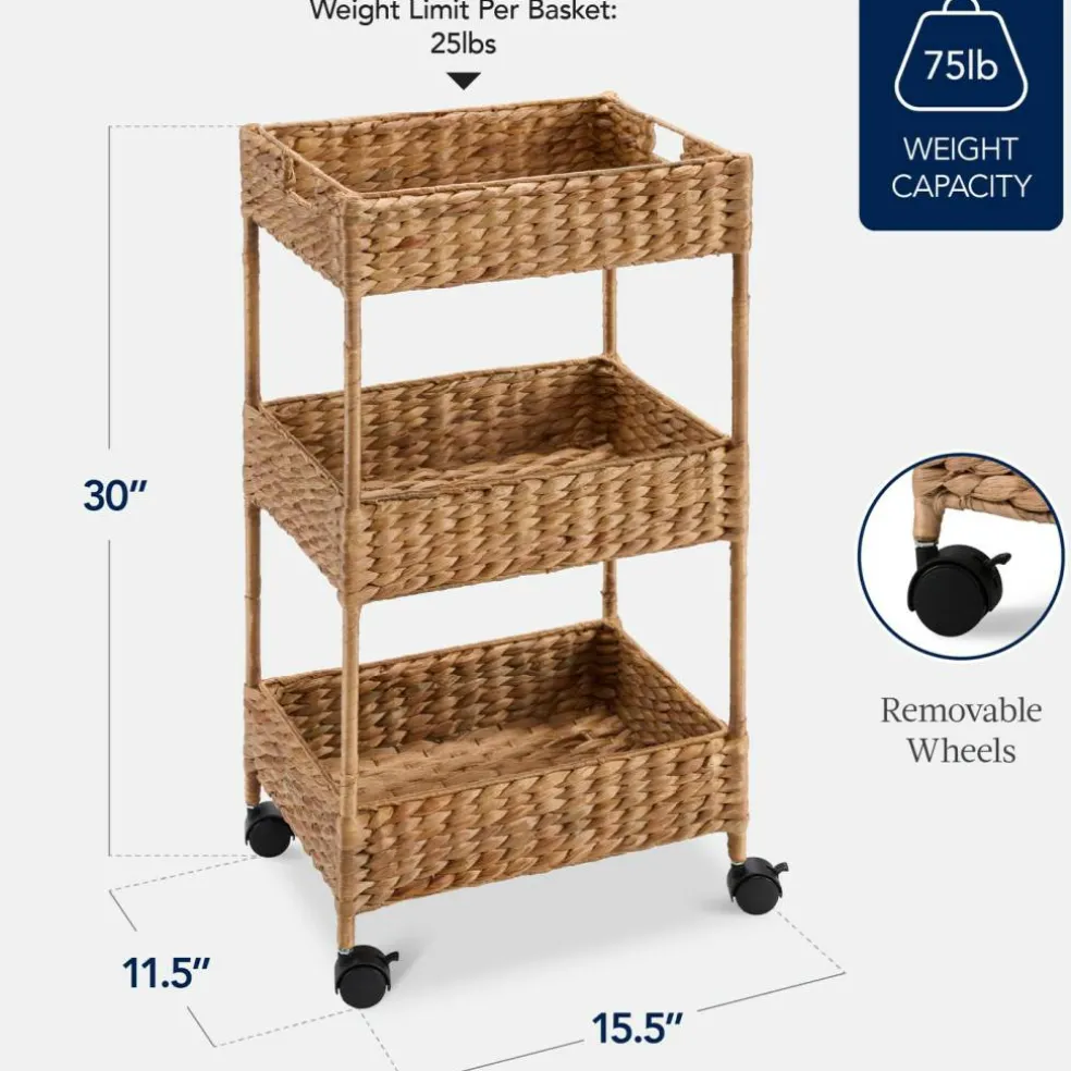 Best Choice Products 3-Tier Water Hyacinth Rolling Utility Cart w/ Weaved Baskets