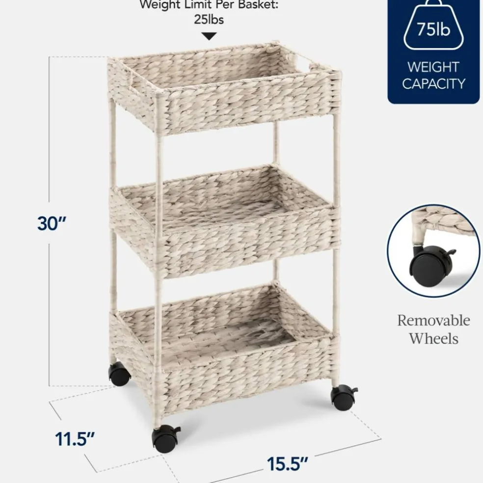 Best Choice Products 3-Tier Water Hyacinth Rolling Utility Cart w/ Weaved Baskets