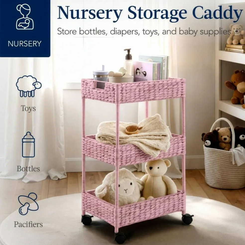 Best Choice Products 3-Tier Water Hyacinth Rolling Utility Cart w/ Weaved Baskets