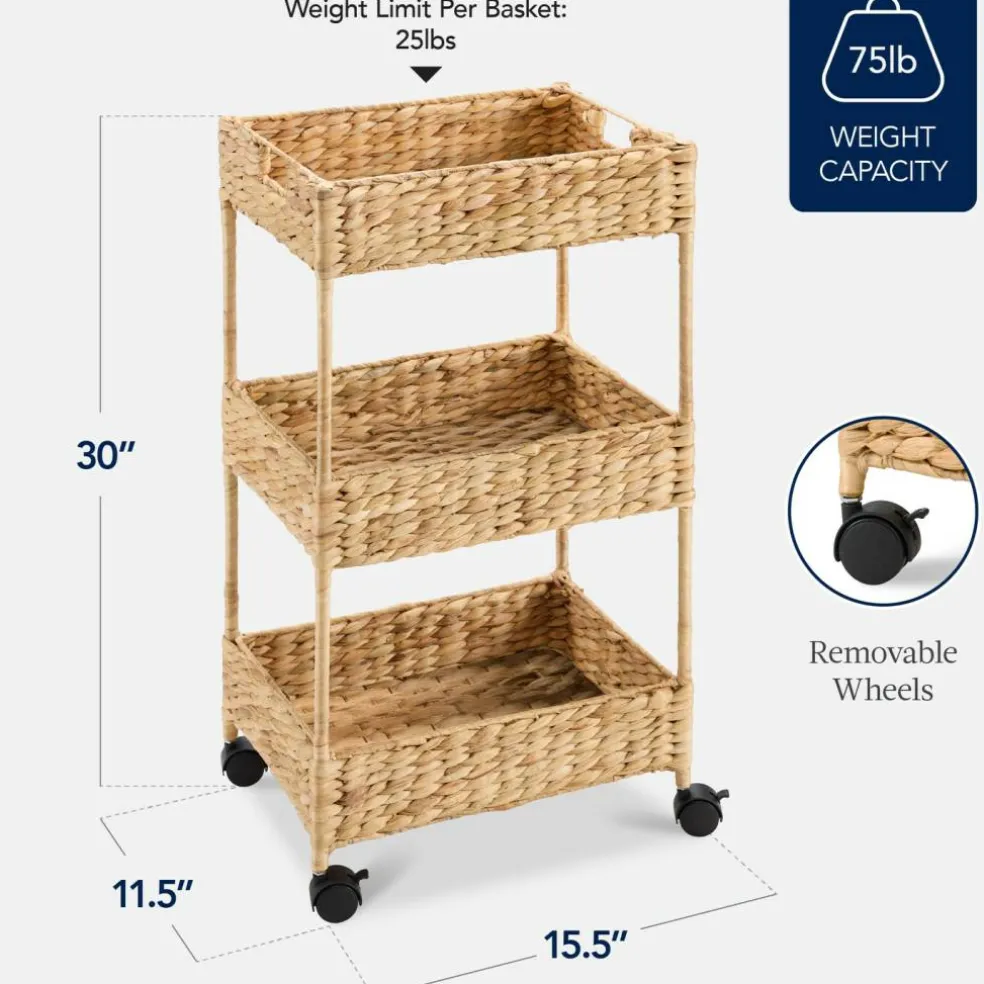 Best Choice Products 3-Tier Water Hyacinth Rolling Utility Cart w/ Weaved Baskets