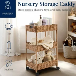 Best Choice Products 3-Tier Water Hyacinth Rolling Utility Cart w/ Weaved Baskets