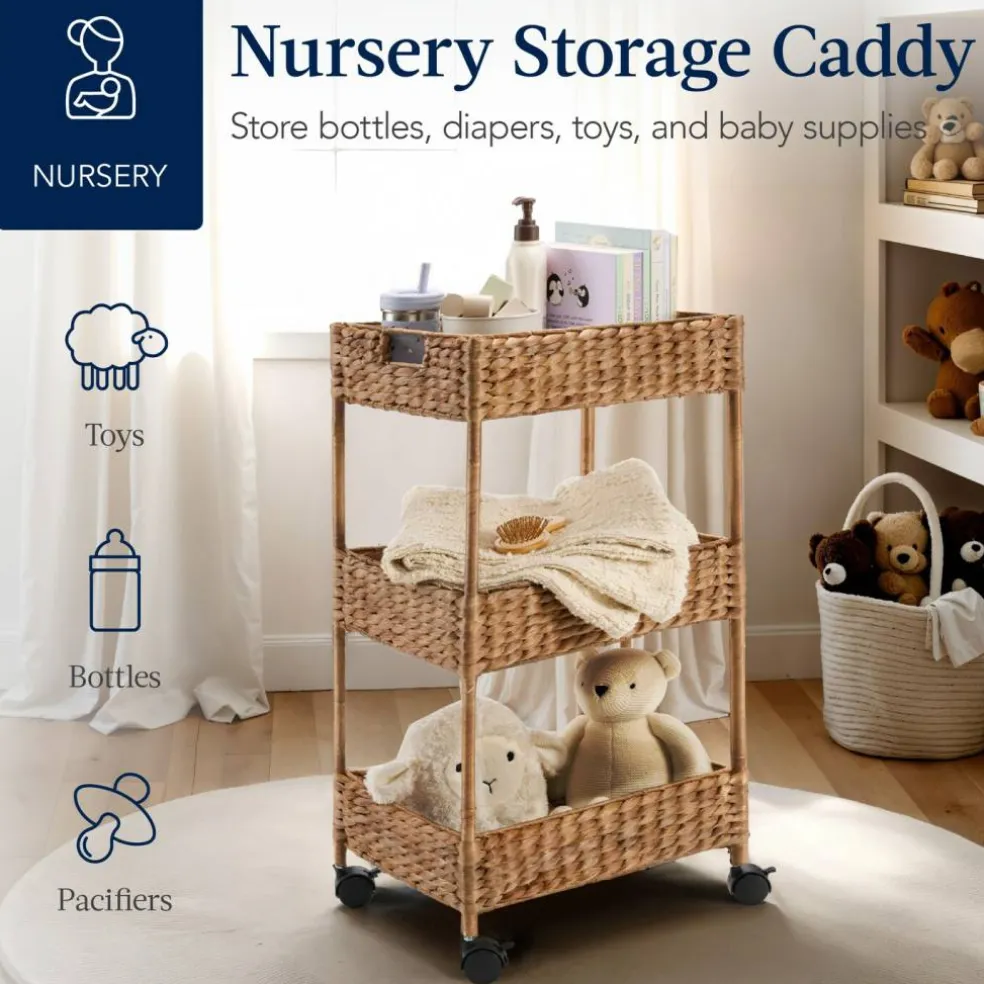 Best Choice Products 3-Tier Water Hyacinth Rolling Utility Cart w/ Weaved Baskets