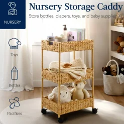 Best Choice Products 3-Tier Water Hyacinth Rolling Utility Cart w/ Weaved Baskets