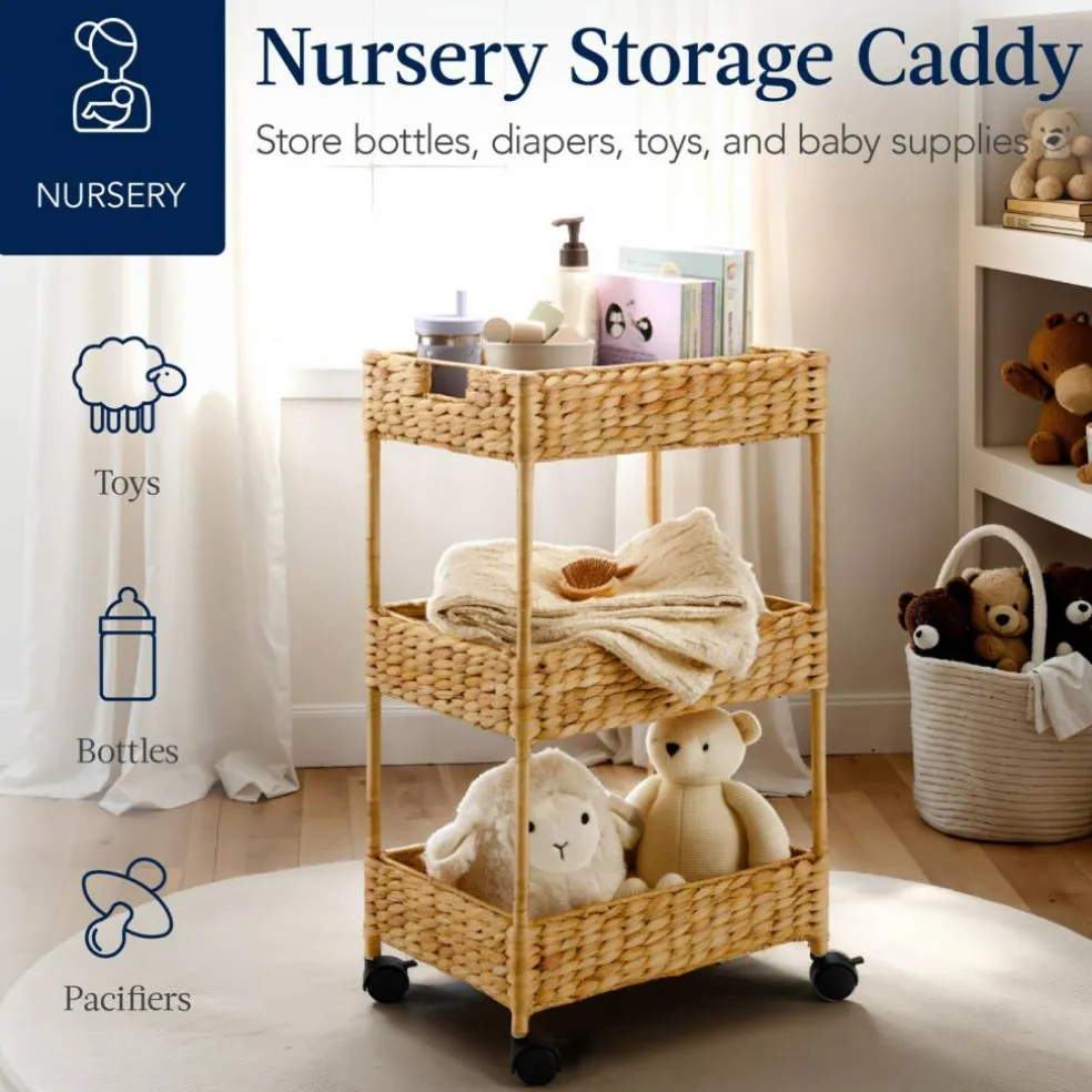 Best Choice Products 3-Tier Water Hyacinth Rolling Utility Cart w/ Weaved Baskets