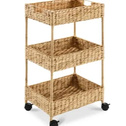 Best Choice Products 3-Tier Water Hyacinth Rolling Utility Cart w/ Weaved Baskets