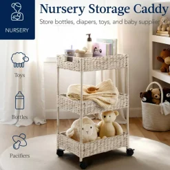 Best Choice Products 3-Tier Water Hyacinth Rolling Utility Cart w/ Weaved Baskets