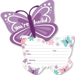 Big Dot of Happiness Beautiful Butterfly - Shaped Fill-In Invitations Floral Baby Shower or Birthday Party Invitation Cards with Envelopes - Set of 12