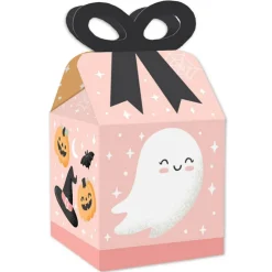 Big Dot of Happiness Pastel Halloween - Square Favor Gift Boxes - Pink Pumpkin Party Bow Boxes - Set of 12