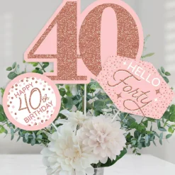 Big Dot of Happiness 40th Pink Rose Gold Birthday - Happy Birthday Party Centerpiece Sticks - Table Toppers - Set of 15