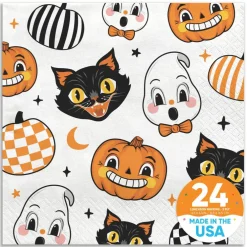 Big Dot of Happiness Vintage Halloween Napkins, Black Cat Pumpkin and Ghost Retro Party Decor, White 3-Ply Paper Luncheon Dinner Napkins - 24 Count