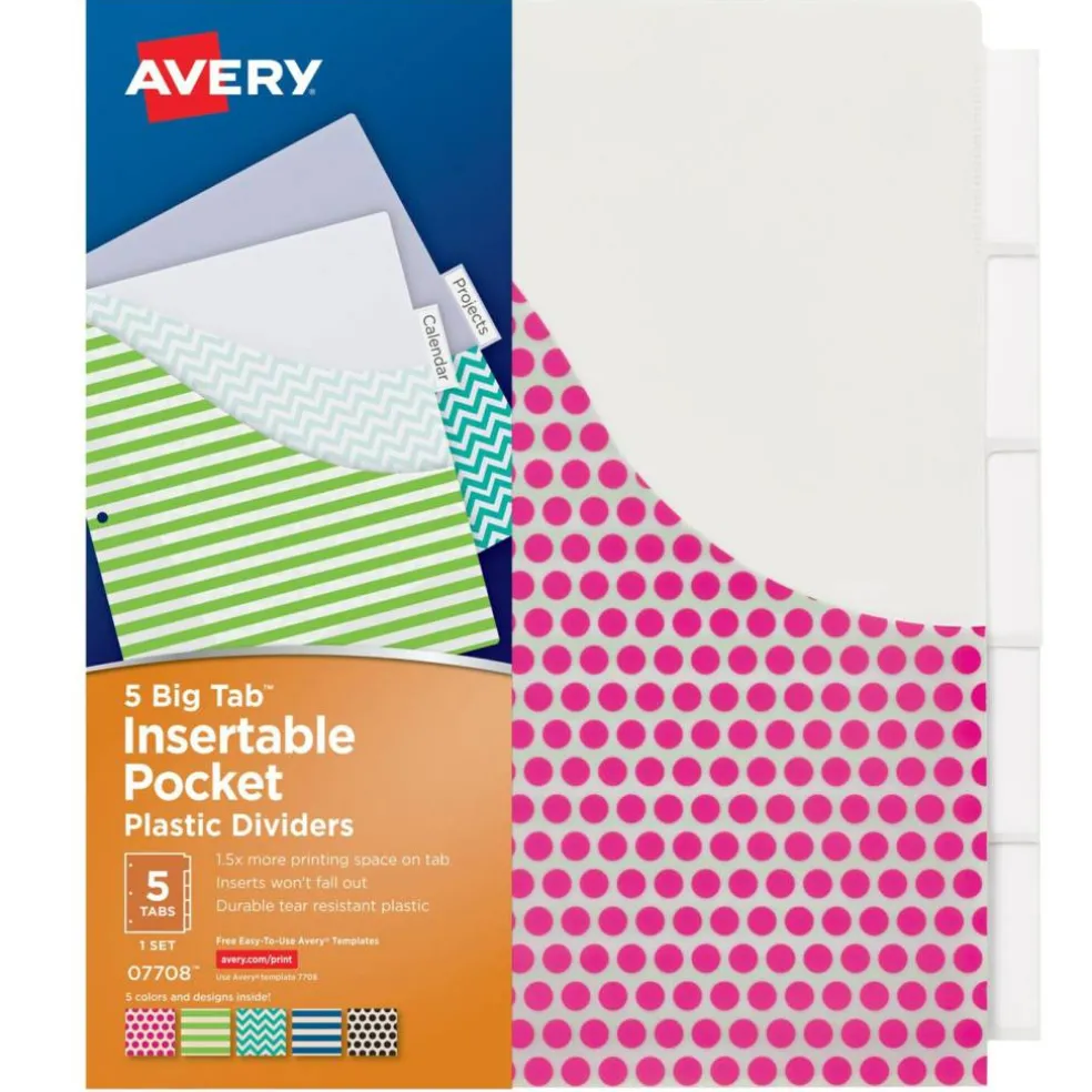 Big Tab™ Insertable Plastic Dividers with Pockets, 5-Tab Set, Assorted Designs